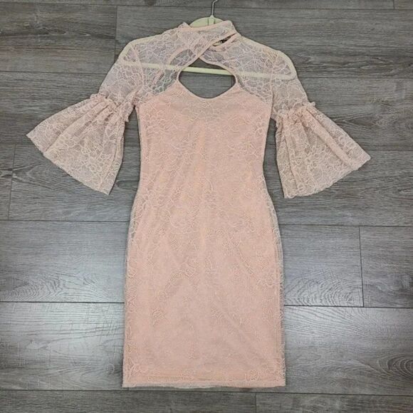 TFNC London Darren Bell Sleeve Lace Peach Bodycon Mini Dress Small - Picture 11 of 17